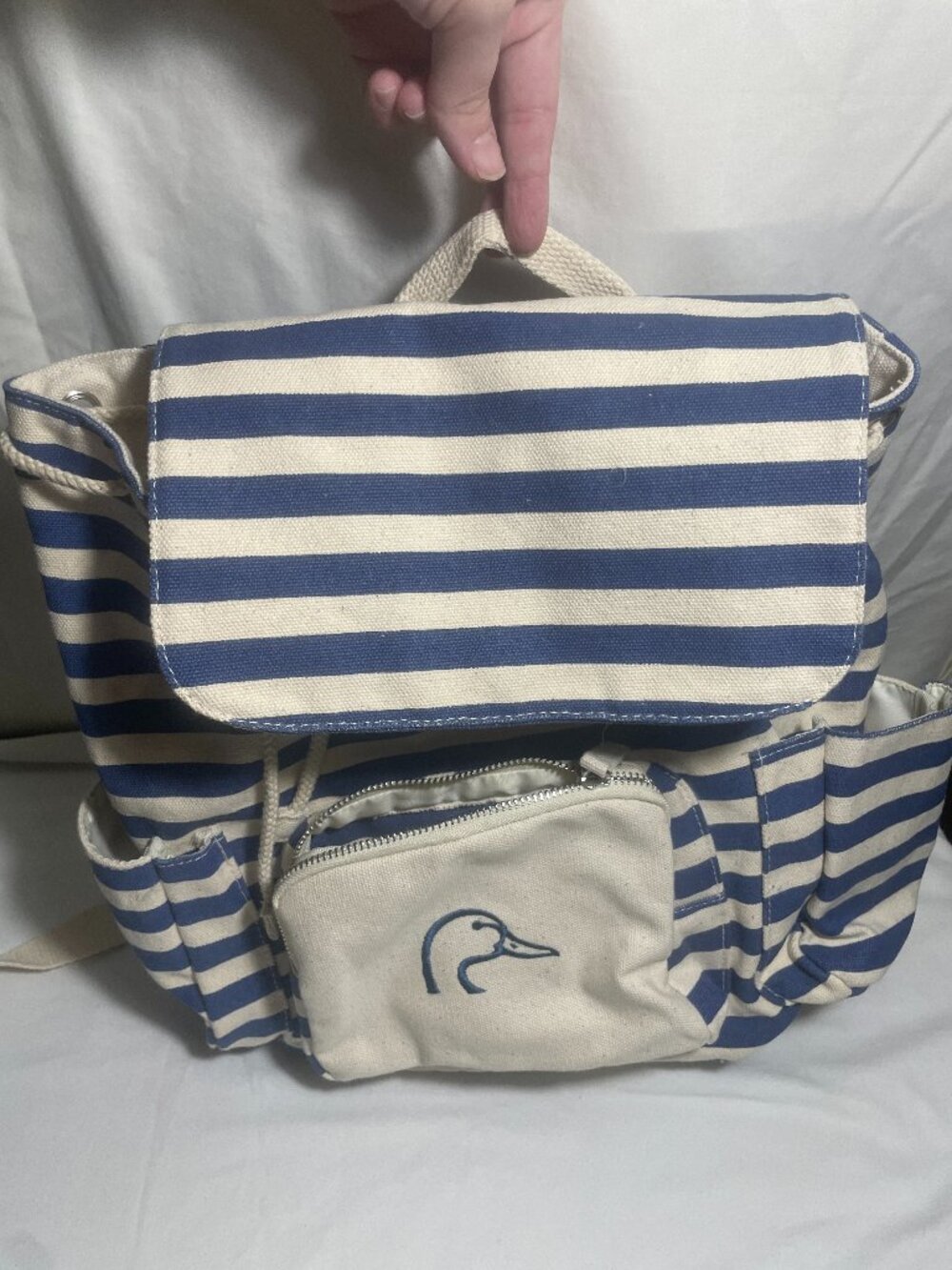 Blue White Striped Canvas Diaper Bag Backpack Duck Logo Multiple Pockets